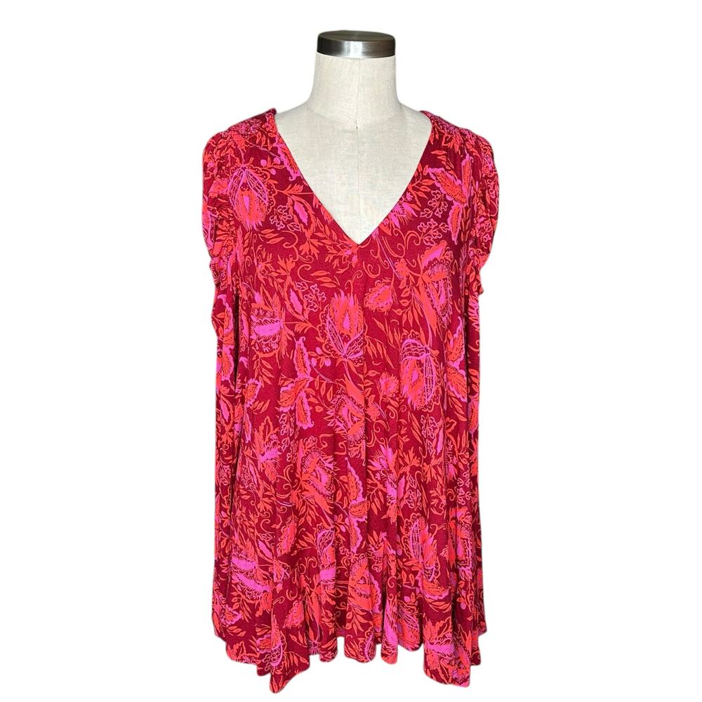 FREE PEOPLE Hello Lover V-Neck Floral Pink Red Long Sleeve Tunic Blouse Size S